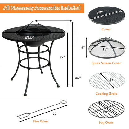 31.5" 4-in-1 Portable Cooking Fire Pit with Round Dining Table, BBQ Grill & Ice Bucket