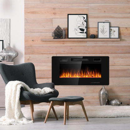 36" Ultra Thin Wall Mounted Electric Fireplace, 750W/1500W, Black