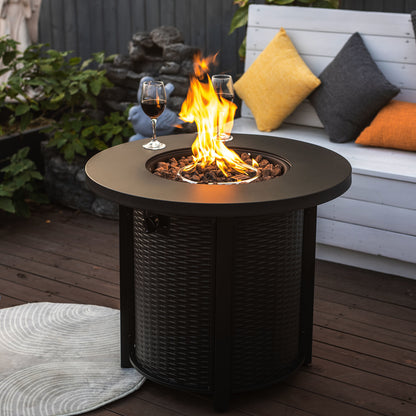 30-Inch Propane Round Fire Table, 40,000 BTU Steel Propane Fire Pit Table with Lid & Lava Rocks