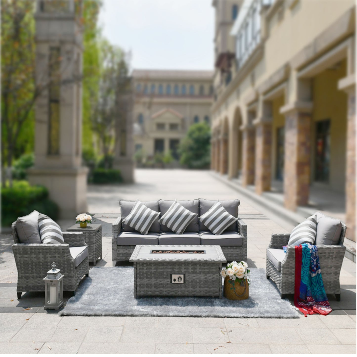 5-Piece Wicker Patio Fire Pit Seating Set with Sectional Sofa & Gray Cushions