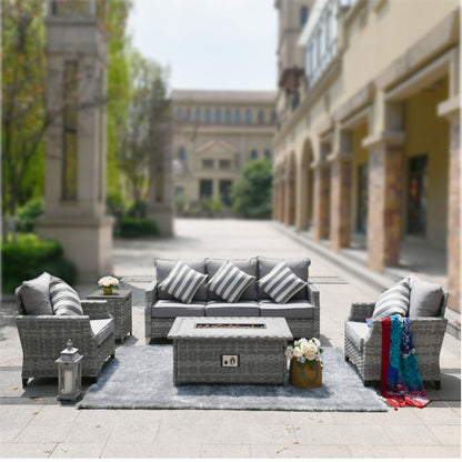 5-Piece Wicker Patio Fire Pit Seating Set with Sectional Sofa & Gray Cushions