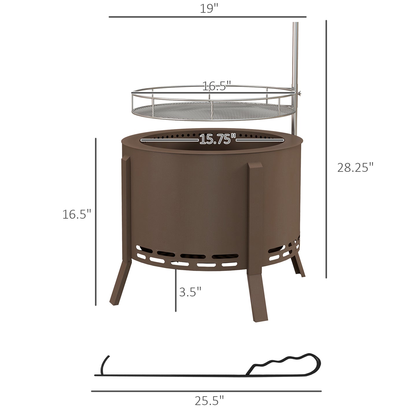 2-in-1 Smokeless Fire Pit and BBQ Grill (19" Dia x 16.5" H), Brown