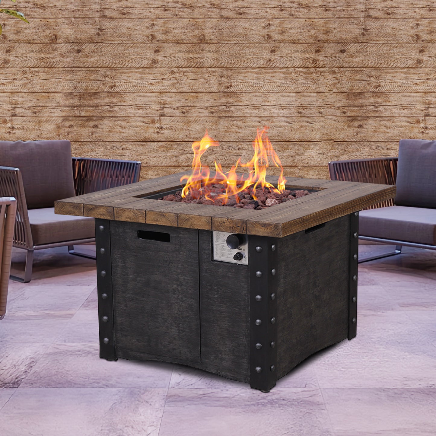 Square, Faux Woodgrain Outdoor Gas Fire Pit Table, 50,000 BTU (34.5" x 34.5" x 23.8")