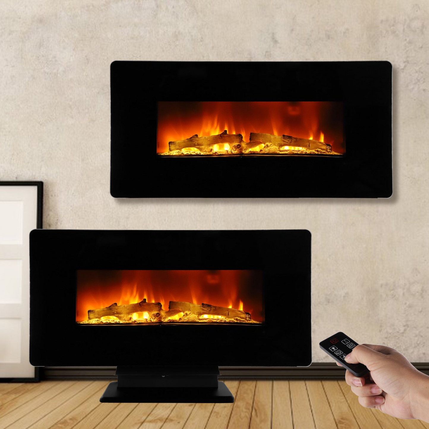 36" Curved Front Electric Fireplace, Freestanding or Wall Mounted with Adjustable Flame Color & Remote Control