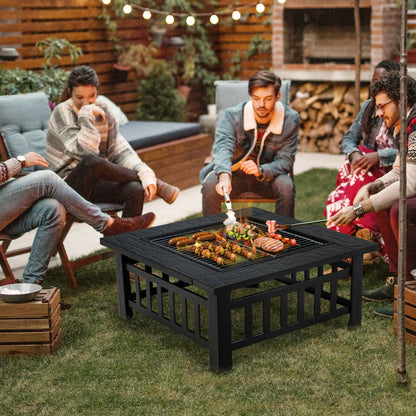 3 in 1 Outdoor Square Fire Pit Table with BBQ Grill and Rain Cover for Camping (32" x 32" x 19.5")