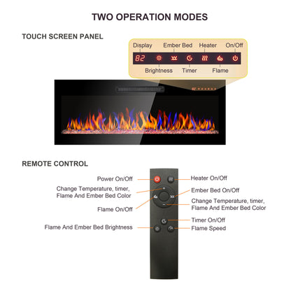 60" Recessed Ultra Thin Wall Mounted Electric Fireplace with Remote and Multi-Color Flame & Ember Bed, LED Light Heater, Antique Black