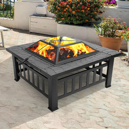 Square, Black, Courtyard Metal Fire Pit Table with Accessories (32" x 32" x 17")