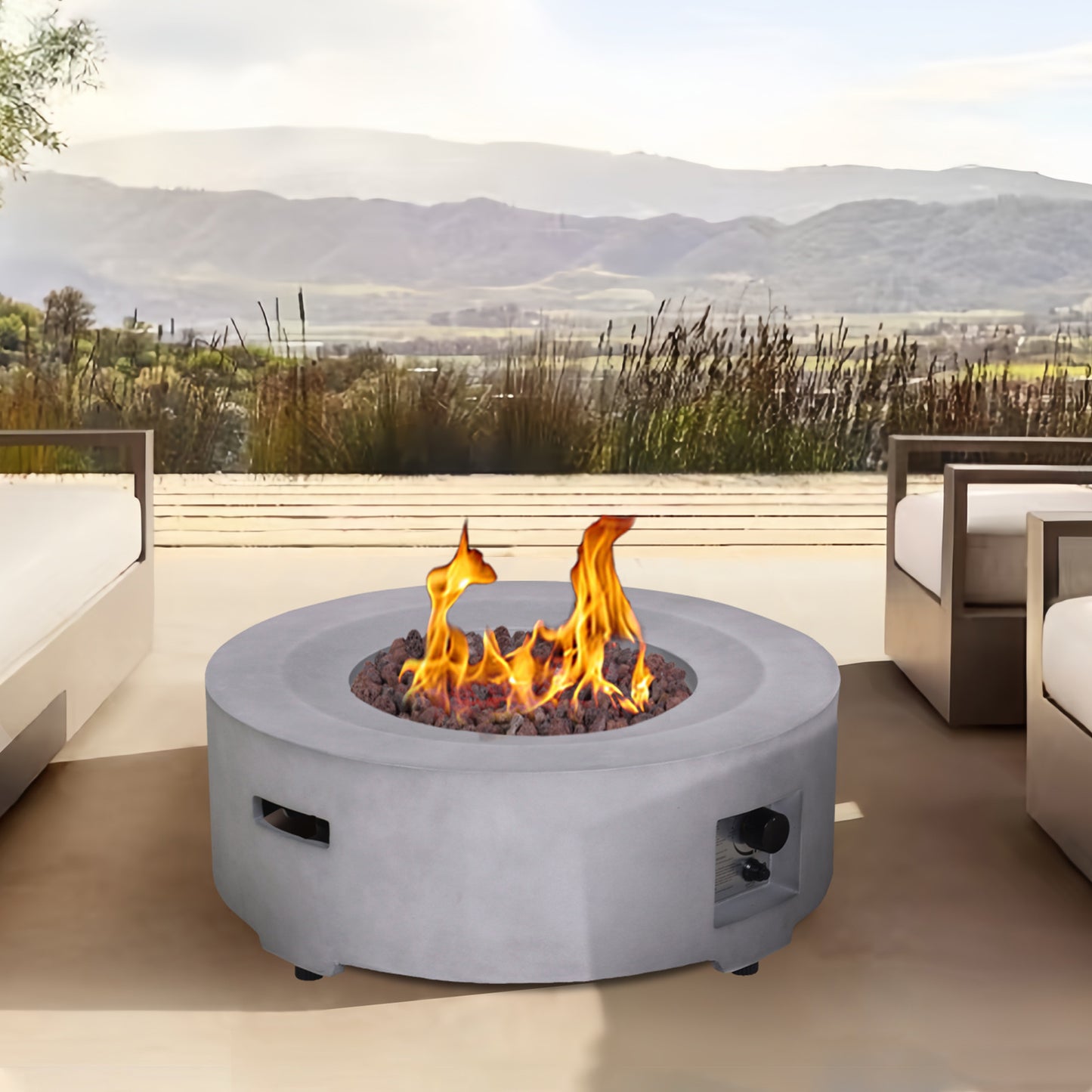 30" Round Gray Faux Concrete Fire Pit with Electronic Ignition, 40,000 BTU