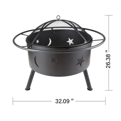 24" Black Iron Fire Pit with Moons and Stars Cutout Design & Cooking Grate