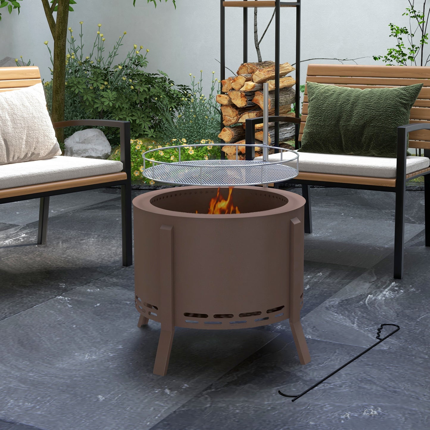 2-in-1 Smokeless Fire Pit and BBQ Grill (19" Dia x 16.5" H), Brown