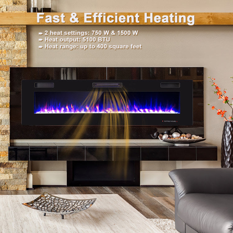 68" Ultra-Thin Electric Fireplace Recessed Wall Mounted with Crystal Log Decoration