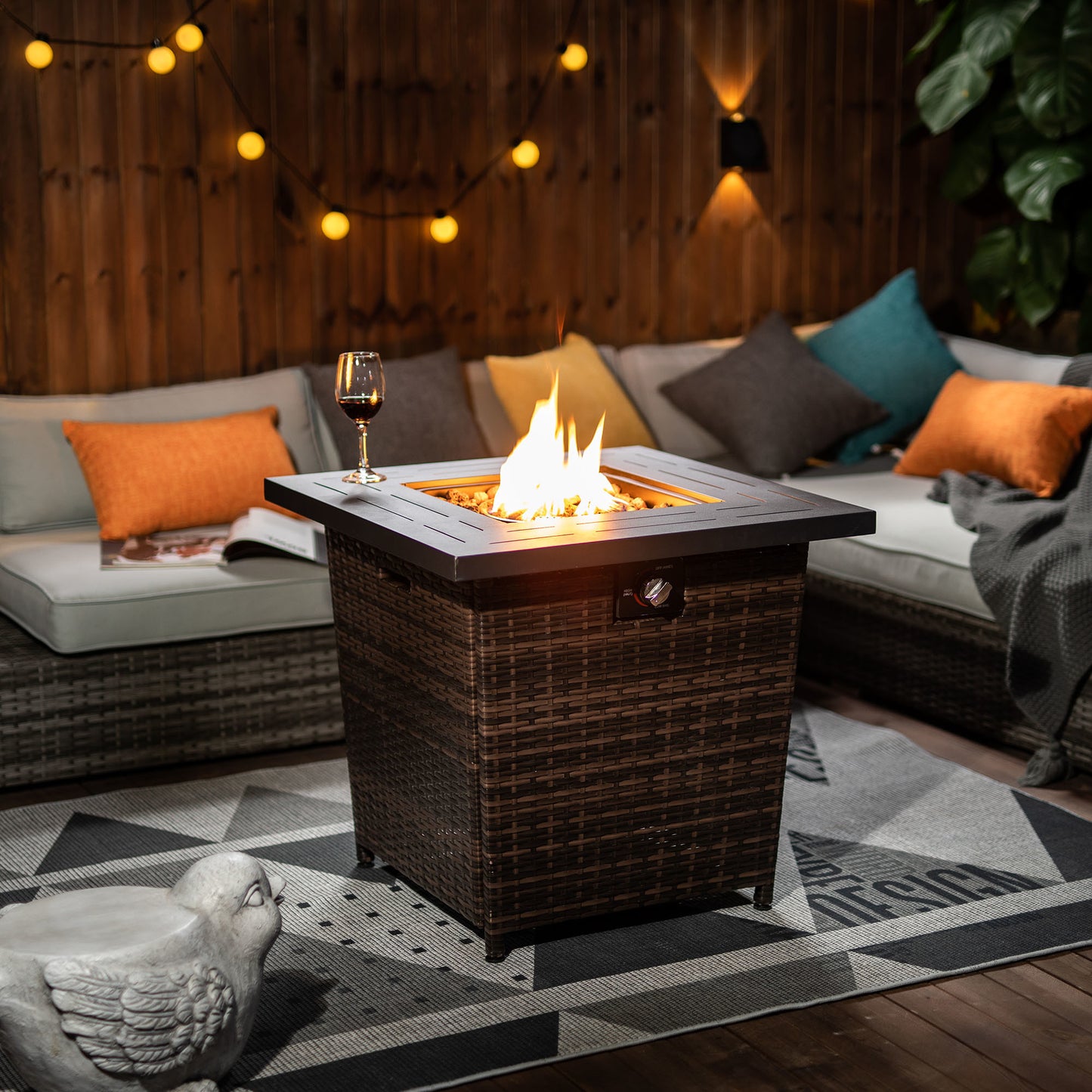 Stylish, Brown Wicker Square Fire Pit Table, 40,000 BTU, Black/Brown (28" x 28" x 24.8")