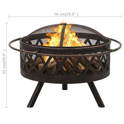 29.9" Rustic Fire Pit with Poker XXL Steel (29.9" x 29.9" x 20.9"), Black/Brown