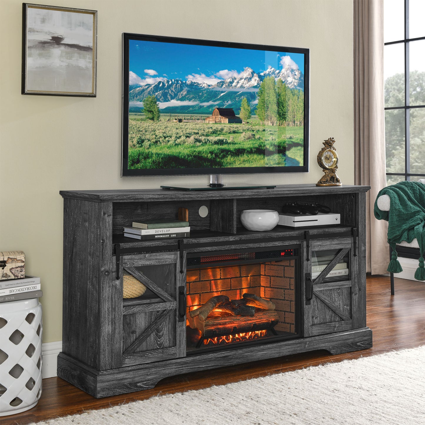 60" Electric Fireplace Entertainment Center With Door Sensor-Dark Rustic Oak