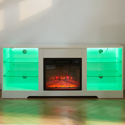 58" Electric Fireplace Center with Glass Shelves, 3D Fireplace with LED Lights, USB Charging, for TV up to 62", White