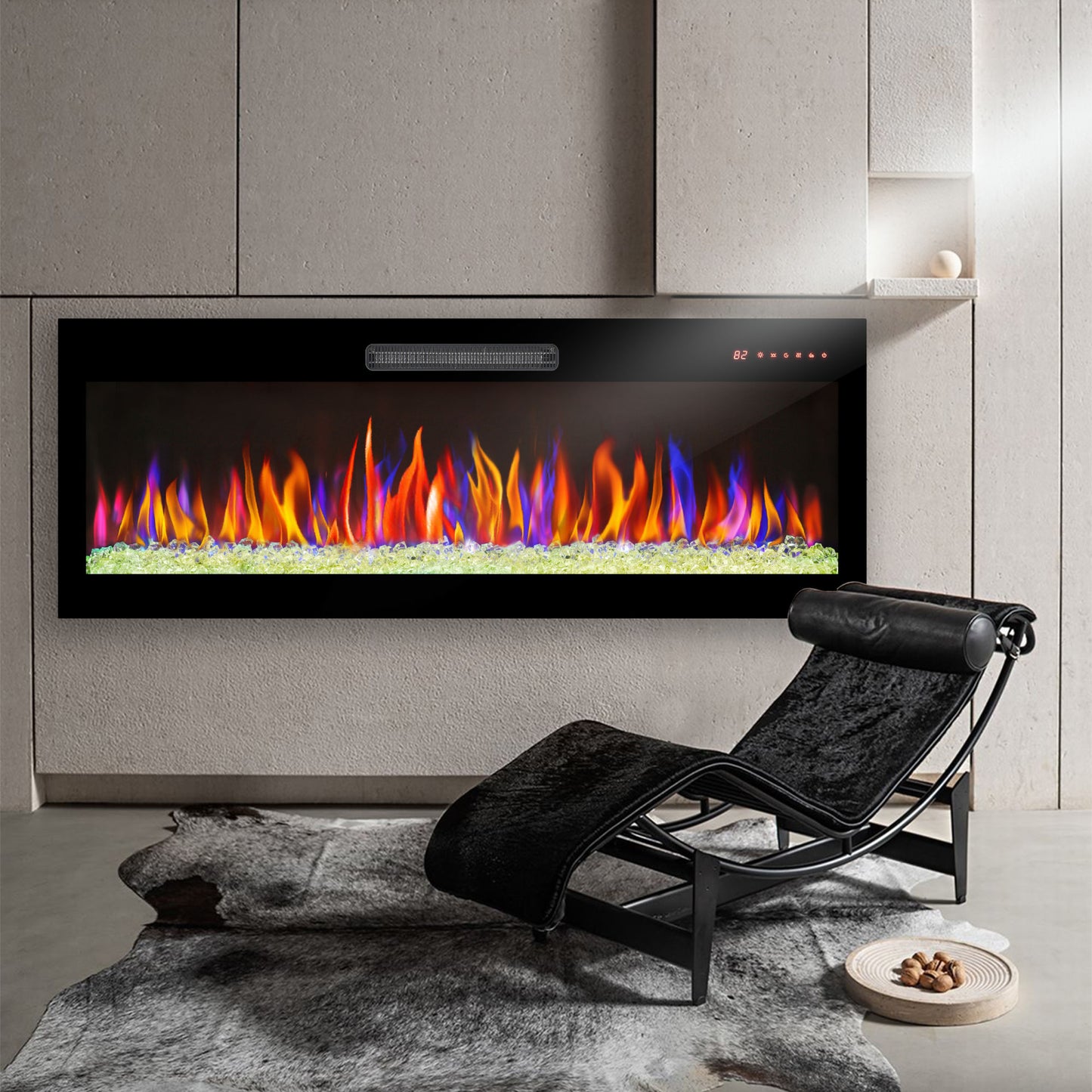 60" Recessed Ultra Thin Wall Mounted Electric Fireplace with Remote and Multi-Color Flame & Ember Bed, LED Light Heater, Antique Black