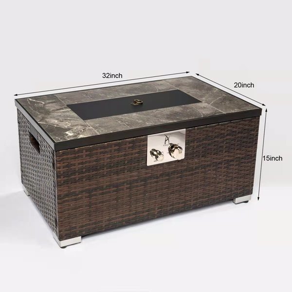 Outdoor Propane Fire Table with Ceramic Tile Top, 40,000 BTU, Dark Brown Wicker (32" W x 20" D x 16" H)