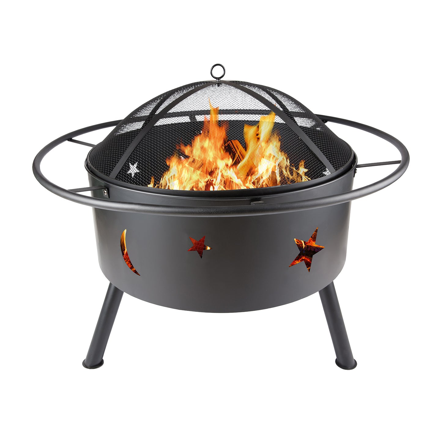 24" Black Iron Fire Pit with Moons and Stars Cutout Design & Cooking Grate