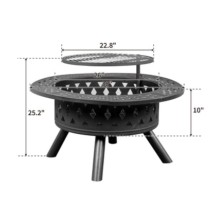 38" Multi-Functional Outdoor Fire Pit with Adjustable Cooking Grates, Black Steel