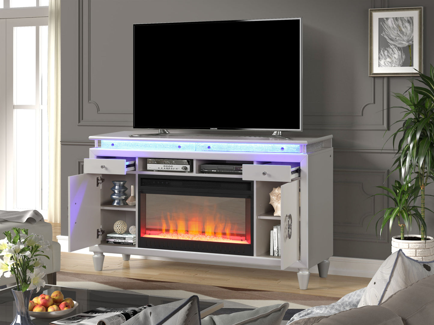 60" Perla Electric Fireplace Center in Milky White