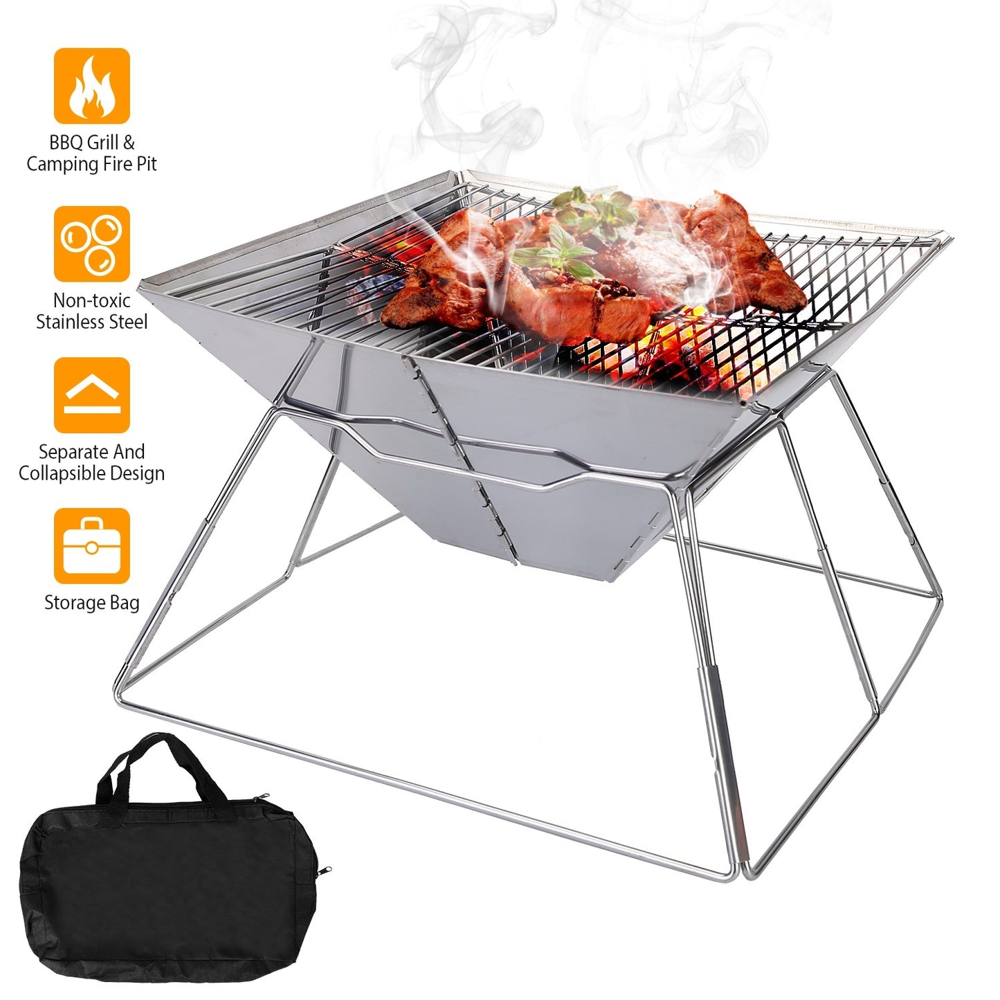 12.8" Foldable Camping Hibachi Grill, Charcoal Campfire Stove Pit (12.8" x 12.8" x 8.46"), Stainless Steel