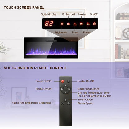 50" Electric Fireplace, Recessed and Wall Mounted Fireplace