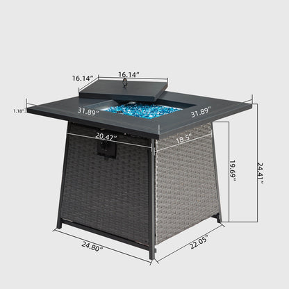 Square Propane Fire Pit Table with Blue Glass Rocks, 50,000 BTU, Wicker, Dark Gray (31.89" x 31.89" x 24.41")