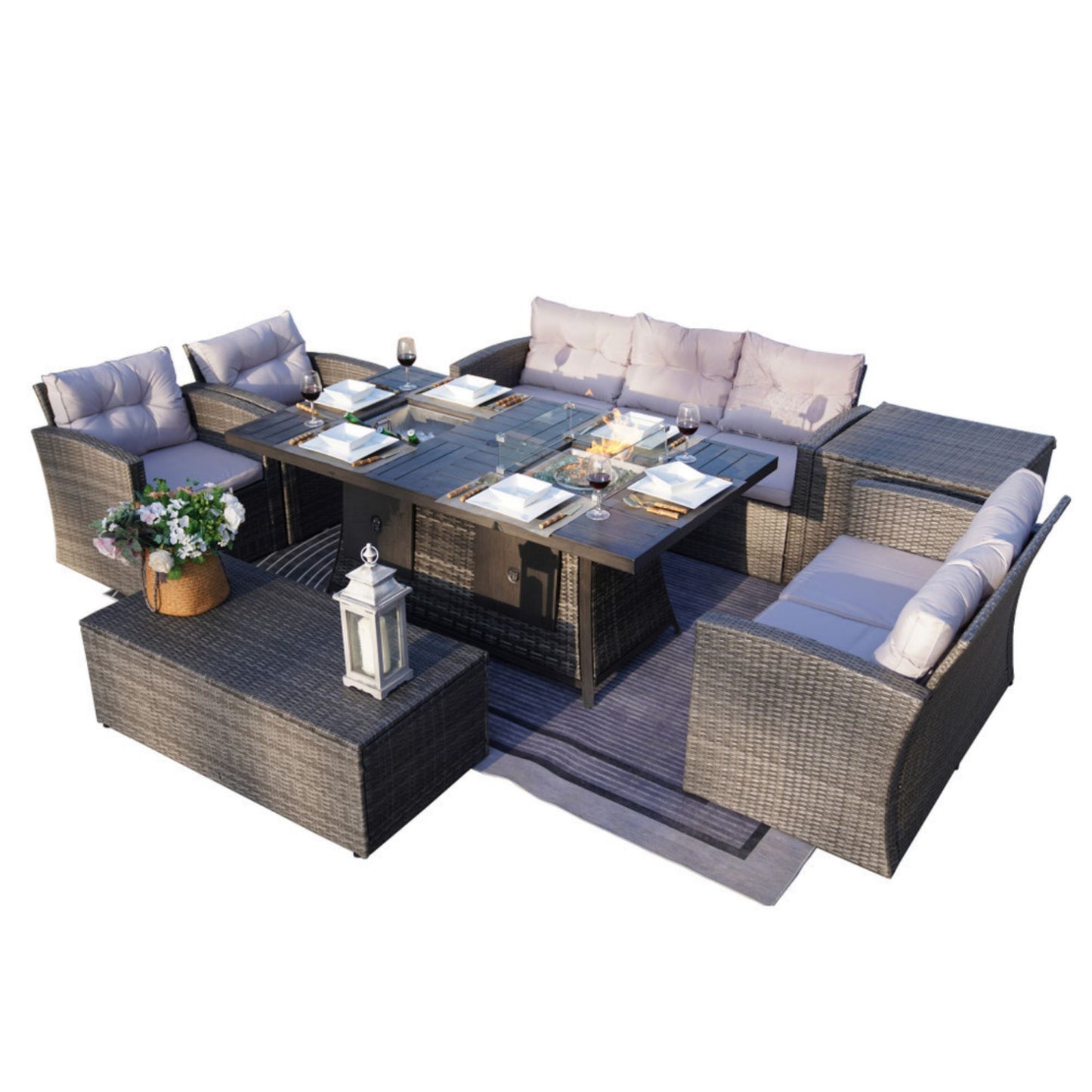 7-Piece Outdoor Patio Furniture Set with Rectangular Fire Pit Table