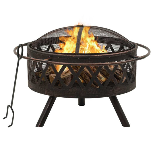 29.9" Rustic Fire Pit with Poker XXL Steel (29.9" x 29.9" x 20.9"), Black/Brown