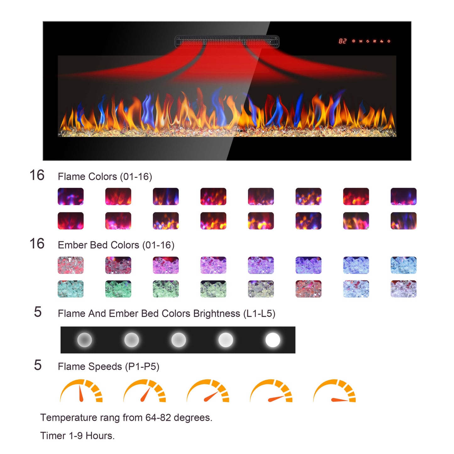 50" Recessed Ultra-Thin Electric Fireplace with Remote and Multi-Color Flame