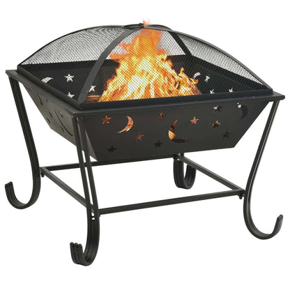 24.4" Moon & Stars XXL Steel Fire Pit with Poker (24.4" x 24.4" x 22.2"), Black