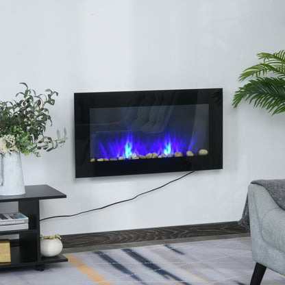 36" Electric Wall-Mounted Fireplace, 1500W with Flame Effect, 7 Color Background Light and Side Light, Black