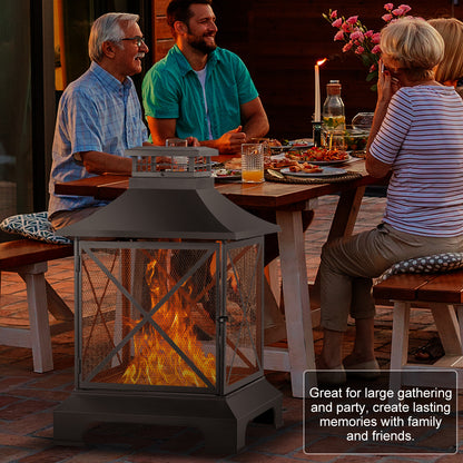 24" Pagoda-Style Steel Wood-Burning Fire Pit with Log Grate and Poker (24" x 24" x 40"), Black