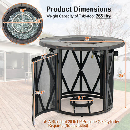 32" 30,000 BTU Round Fire Pit Table with Fire Glass and Ceramic Tile Top