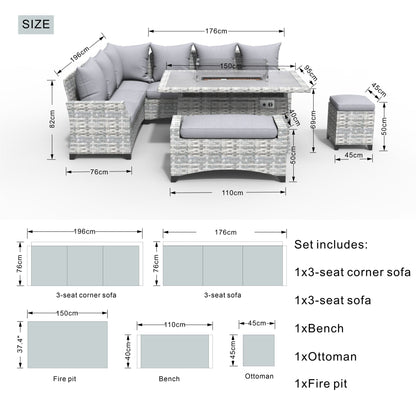 5-Piece Gray Wicker Fire Pit Table and Sofa Set and Ottoman