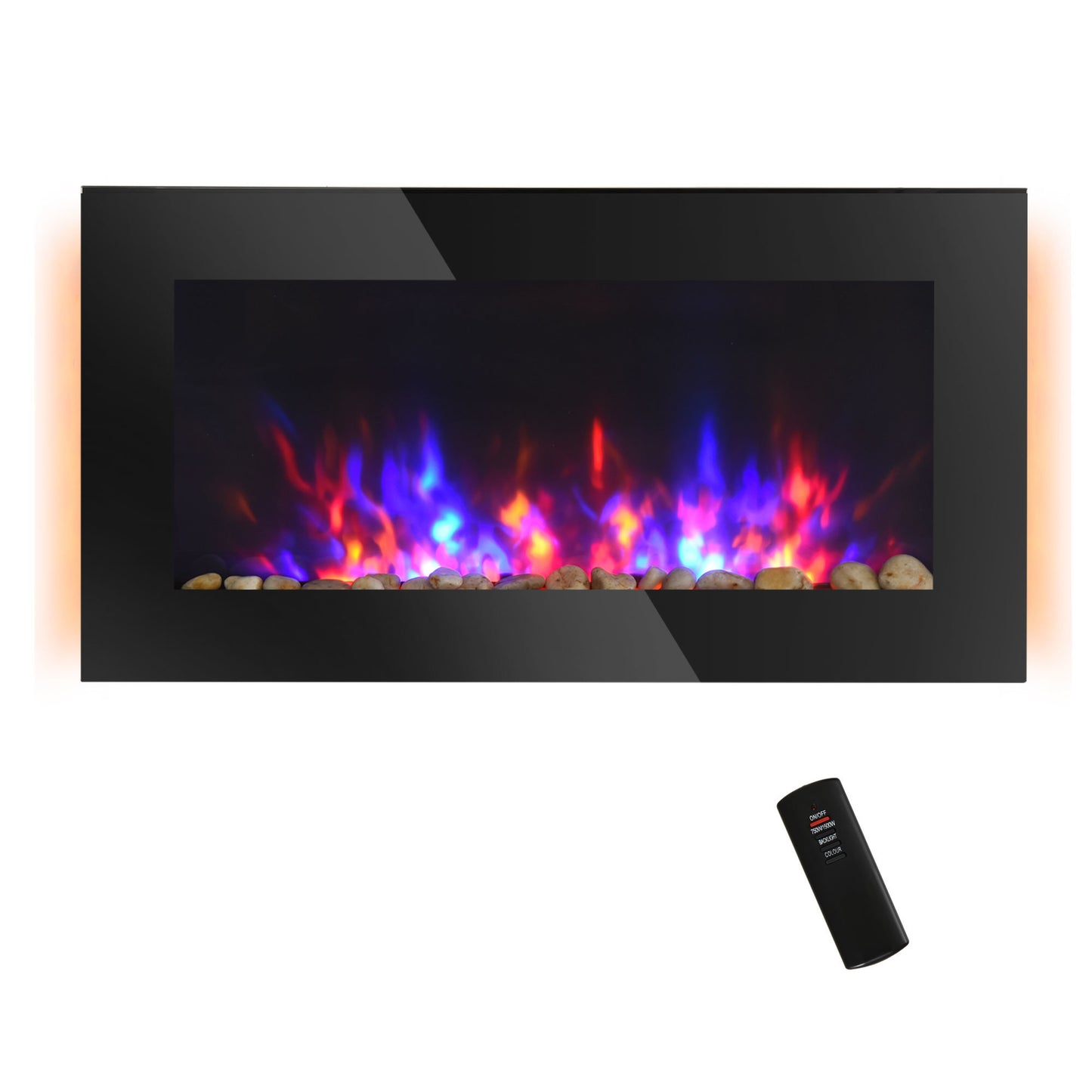 36" Electric Wall-Mounted Fireplace, 1500W with Flame Effect, 7 Color Background Light and Side Light, Black