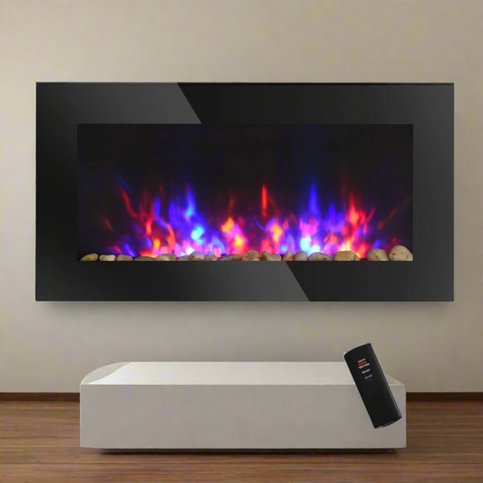 36" Electric Wall-Mounted Fireplace, 1500W with Flame Effect, 7 Color Background Light and Side Light, Black