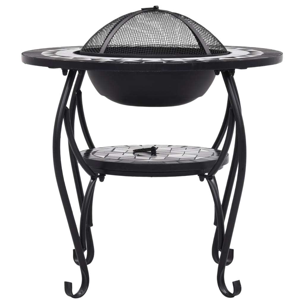 26.8" Black and White Round Mosaic Fire Pit Table with Ceramic Top, Steel Bowl