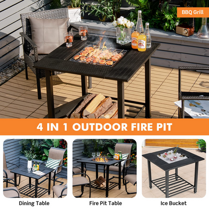 4-in-1 Multifunctional Black, Square Fire Pit Table with Adjustable Grill Grate (31" x 31" x 31")