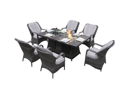 7 Piece Patio Gas Firepit and Ice Container Rectangle Dining Set with 6 Standard Height Chairs