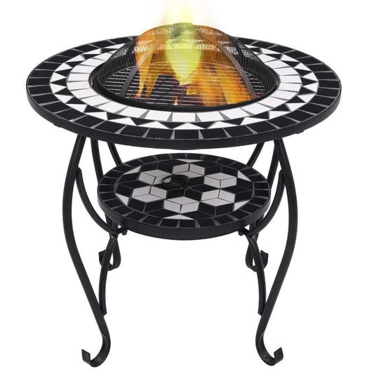 26.8" Black and White Round Mosaic Fire Pit Table with Ceramic Top, Steel Bowl