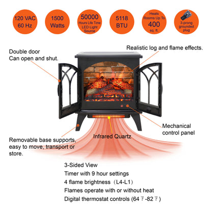 24" 3D Flame Electric Infrared Quartz Fireplace Stove with Remote Control