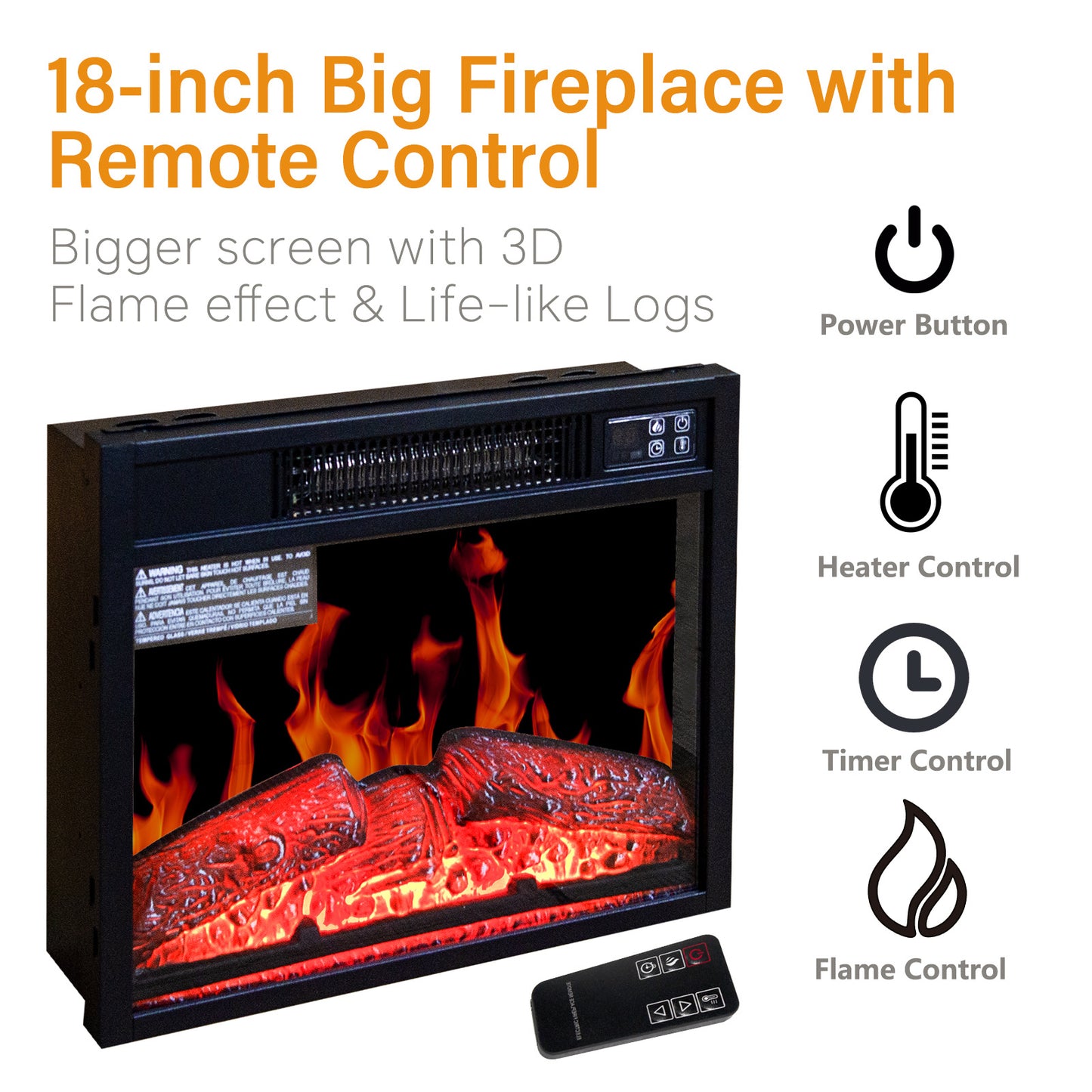 58" Electric Fireplace Center with 18 Inch Electric Fireplace Heater for TVs up to 62 Inches, Adjustable Glass Shelves and Storage Cabinets, Black