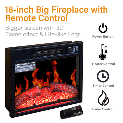 58" Electric Fireplace Center with 18 Inch Electric Fireplace Heater for TVs up to 62 Inches, Adjustable Glass Shelves and Storage Cabinets, Black