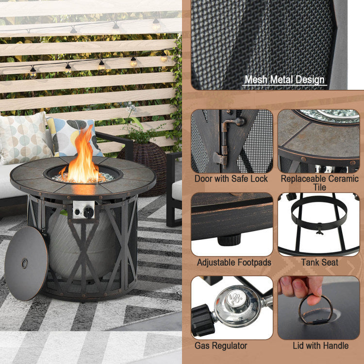 32" 30,000 BTU Round Fire Pit Table with Fire Glass and Ceramic Tile Top