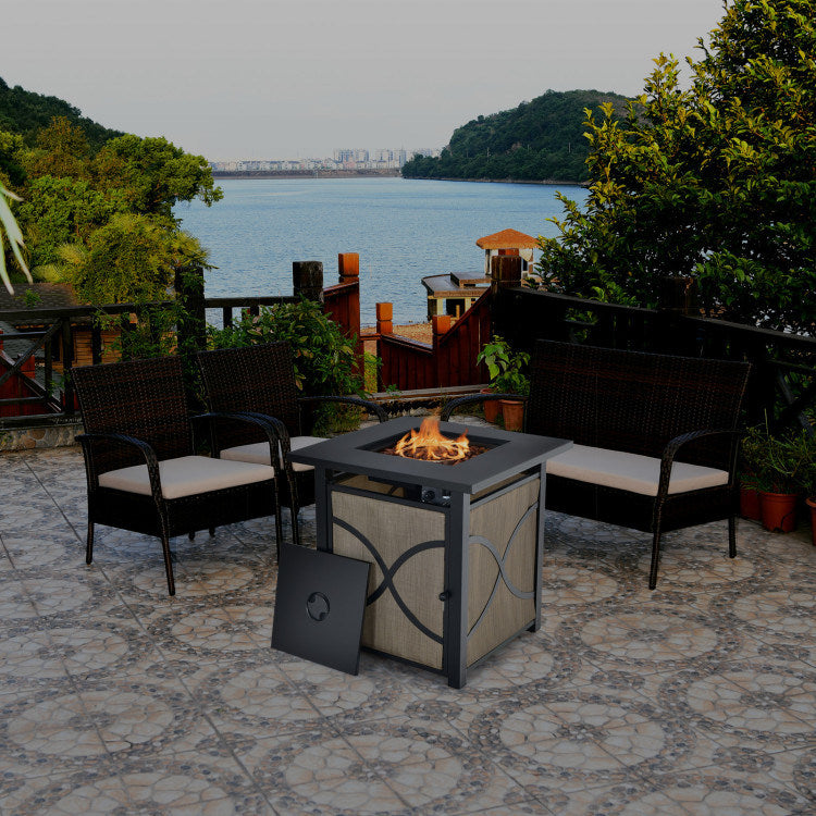 Square Coffee Fire Pit Table, 40000 BTU, Propane with Lid and Fire Glass (25" x 25" x 25")