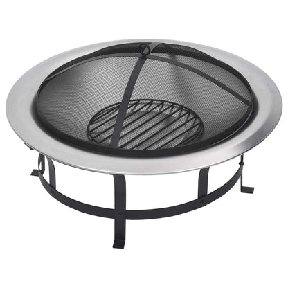 29.9" Outdoor Fire Pit with Grill Stainless Steel (29.9" x 20.1"), Black/Silver