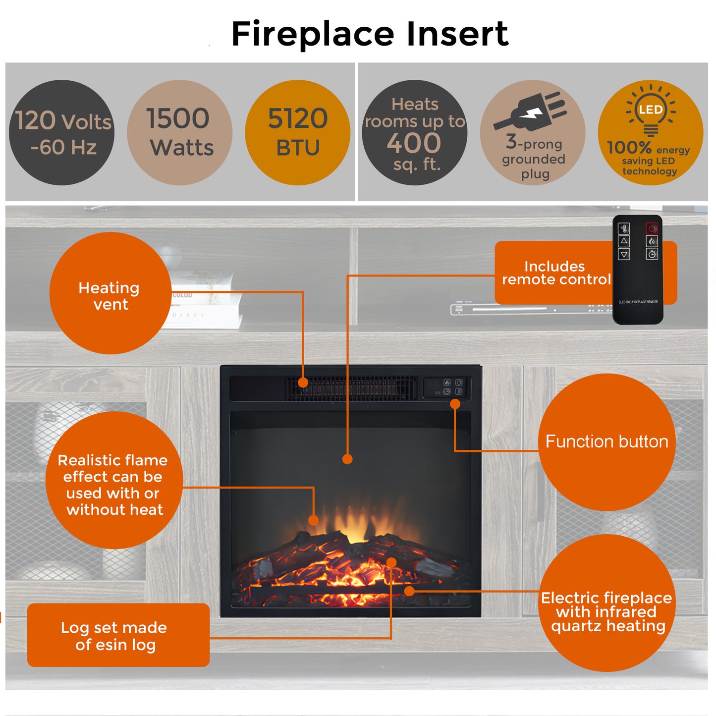 58" Modern Farmhouse TV Stand with Electric Fireplace, Grey