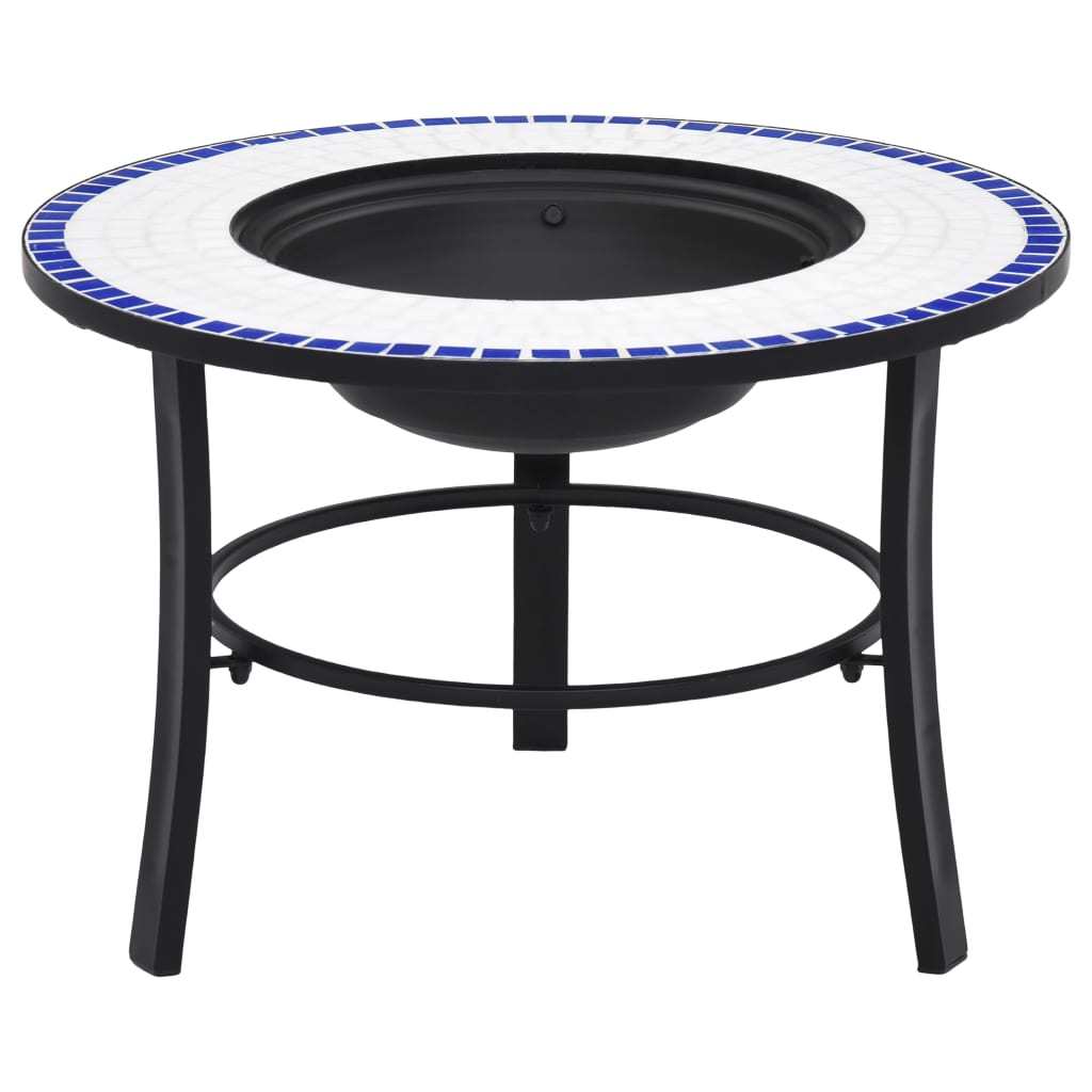 26.8" Blue and White Round Mosaic Fire Pit Table with Ceramic Top, Steel Bowl