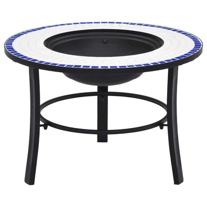 26.8" Blue and White Round Mosaic Fire Pit Table with Ceramic Top, Steel Bowl